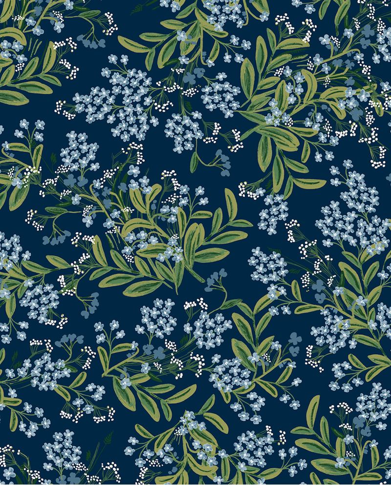 Wildflower Sprig wallpaper by Eijffinger in navy, pale blue blossoms and green sprigs on a deep navy ground, flat swatch.