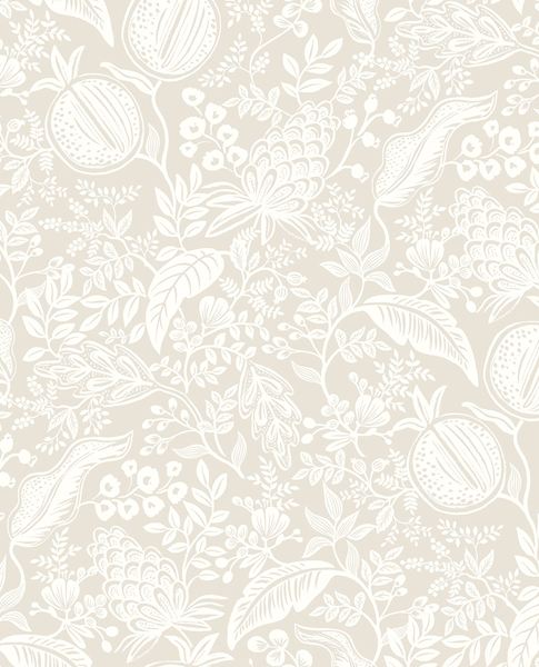 Pomegranate Grove wallpaper by Eijffinger, white line-drawn pomegranates and foliage on a soft greige ground, flat swatch.