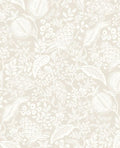 Pomegranate Grove wallpaper by Eijffinger, white line-drawn pomegranates and foliage on a soft greige ground, flat swatch.