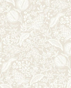 Pomegranate Grove wallpaper by Eijffinger, white line-drawn pomegranates and foliage on a soft greige ground, flat swatch.