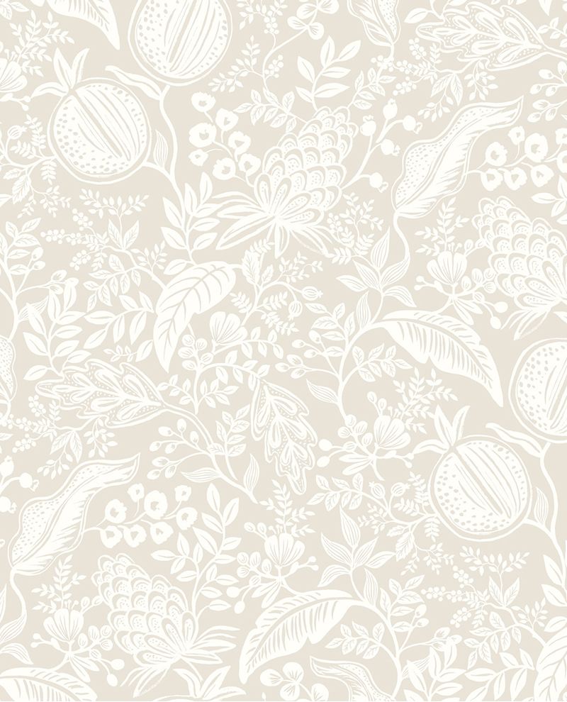 Pomegranate Grove wallpaper by Eijffinger, white line-drawn pomegranates and foliage on a soft greige ground, flat swatch.