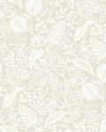 Pomegranate Grove wallpaper by Eijffinger, white line-drawn pomegranates and foliage on a soft greige ground, flat swatch.