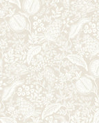 Pomegranate Grove wallpaper by Eijffinger, white line-drawn pomegranates and foliage on a soft greige ground, flat swatch.
