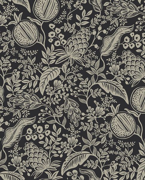 Pomegranate Grove wallpaper by Eijffinger in black and tan, taupe pomegranate and floral outlines on a charcoal ground, flat swatch.