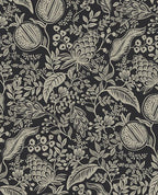 Pomegranate Grove wallpaper by Eijffinger in black and tan, taupe pomegranate and floral outlines on a charcoal ground, flat swatch.