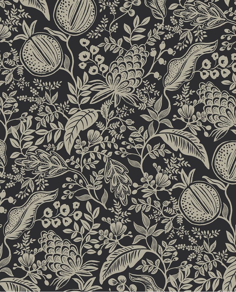 Pomegranate Grove wallpaper by Eijffinger in black and tan, taupe pomegranate and floral outlines on a charcoal ground, flat swatch.