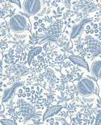 Pomegranate Grove wallpaper by Eijffinger in blue, cornflower pomegranate and leaf outlines on a white ground, flat swatch.