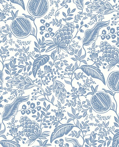 Pomegranate Grove wallpaper by Eijffinger in blue, cornflower pomegranate and leaf outlines on a white ground, flat swatch.