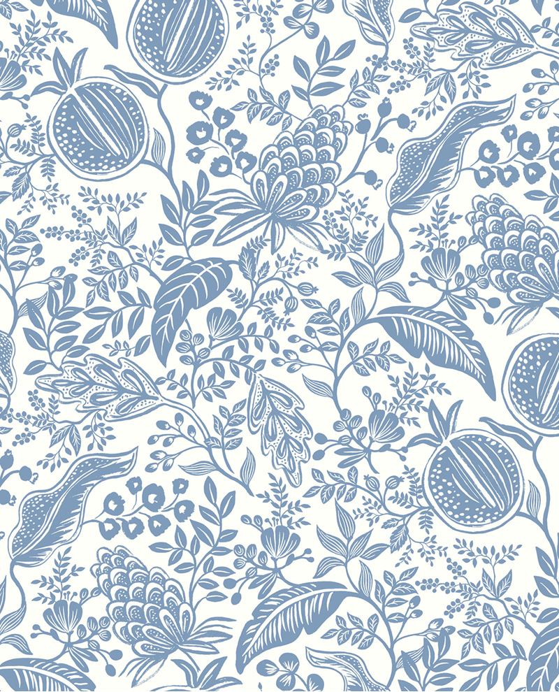 Pomegranate Grove wallpaper by Eijffinger in blue, cornflower pomegranate and leaf outlines on a white ground, flat swatch.