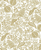 Pomegranate Grove wallpaper by Eijffinger in gold, golden pomegranate and botanical line work on a white ground, flat swatch.