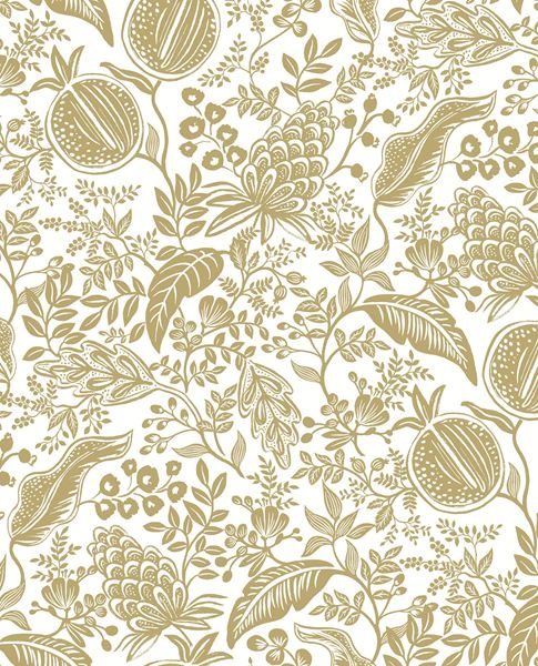 Pomegranate Grove wallpaper by Eijffinger in gold, golden pomegranate and botanical line work on a white ground, flat swatch.