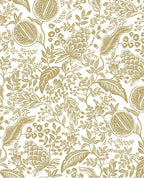 Pomegranate Grove wallpaper by Eijffinger in gold, golden pomegranate and botanical line work on a white ground, flat swatch.