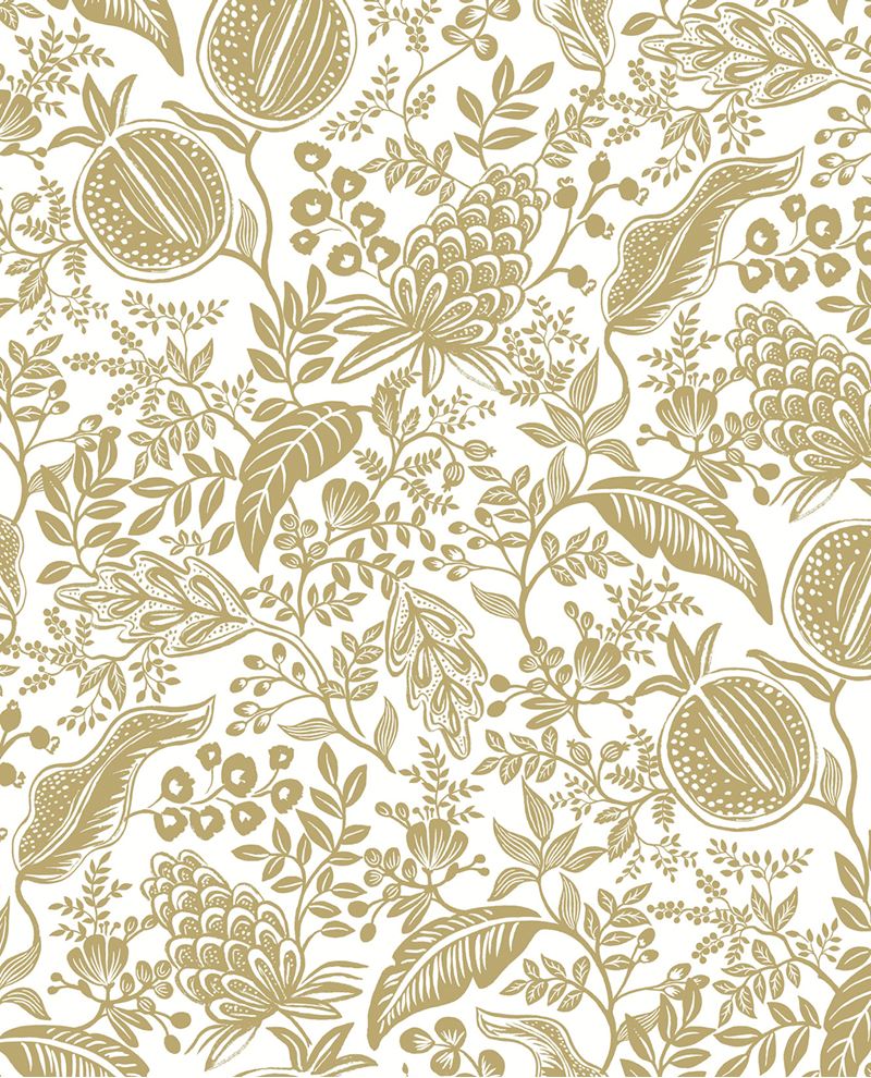 Pomegranate Grove wallpaper by Eijffinger in gold, golden pomegranate and botanical line work on a white ground, flat swatch.