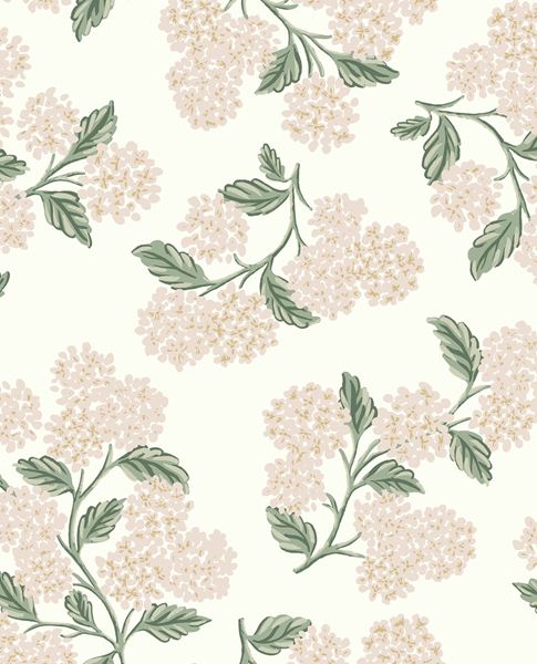 Hydrangea Bunch wallpaper by Eijffinger, blush pink hydrangea blooms with green leaves on a cream ground, flat swatch.