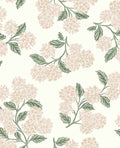 Hydrangea Bunch wallpaper by Eijffinger, blush pink hydrangea blooms with green leaves on a cream ground, flat swatch.