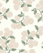 Hydrangea Bunch wallpaper by Eijffinger, blush pink hydrangea blooms with green leaves on a cream ground, flat swatch.