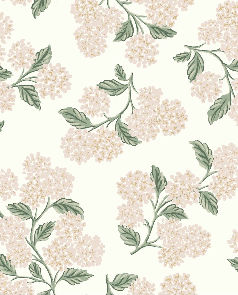 Hydrangea Bunch wallpaper by Eijffinger, blush pink hydrangea blooms with green leaves on a cream ground, flat swatch.
