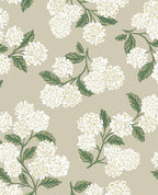 Hydrangea Bunch wallpaper by Eijffinger in greige, white hydrangea clusters and green foliage on a soft grey-beige ground, flat swatch.