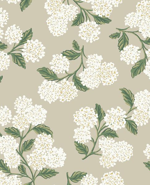 Hydrangea Bunch wallpaper by Eijffinger in greige, white hydrangea clusters and green foliage on a soft grey-beige ground, flat swatch.