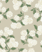 Hydrangea Bunch wallpaper by Eijffinger in greige, white hydrangea clusters and green foliage on a soft grey-beige ground, flat swatch.