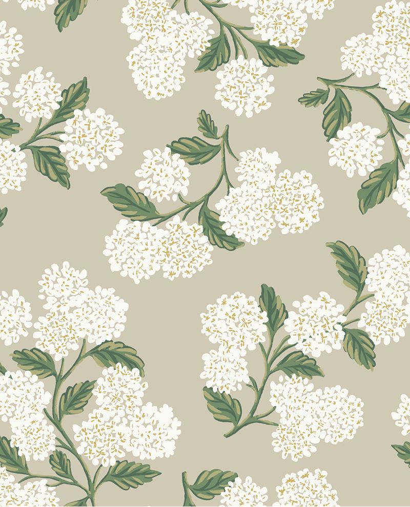 Hydrangea Bunch wallpaper by Eijffinger in greige, white hydrangea clusters and green foliage on a soft grey-beige ground, flat swatch.