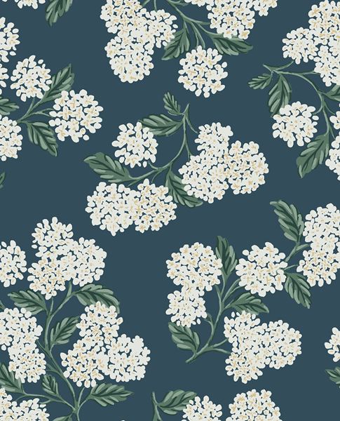 Hydrangea Bunch wallpaper by Eijffinger in navy, white hydrangea blooms and green leaves on a deep teal-blue ground, flat swatch.