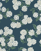 Hydrangea Bunch wallpaper by Eijffinger in navy, white hydrangea blooms and green leaves on a deep teal-blue ground, flat swatch.
