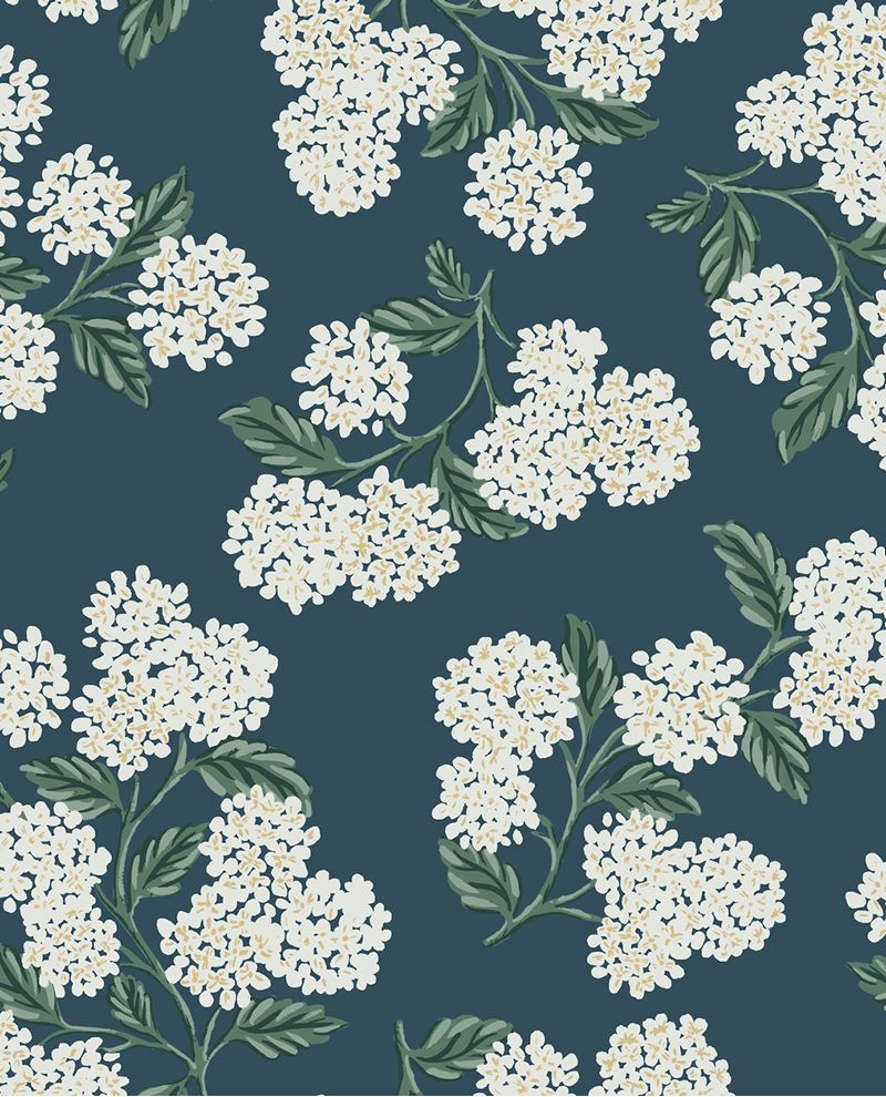 Hydrangea Bunch wallpaper by Eijffinger in navy, white hydrangea blooms and green leaves on a deep teal-blue ground, flat swatch.