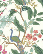 Peacock Perch wallpaper by Eijffinger, blue peacock among green foliage and coral roses on a white ground, flat swatch.