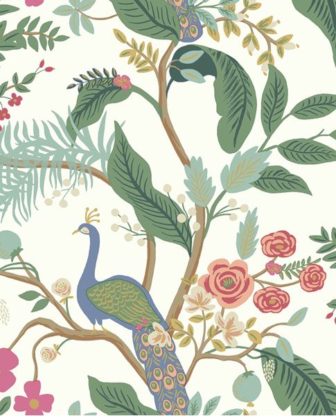 Peacock Perch wallpaper by Eijffinger, blue peacock among green foliage and coral roses on a white ground, flat swatch.