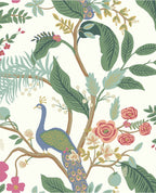 Peacock Perch wallpaper by Eijffinger, blue peacock among green foliage and coral roses on a white ground, flat swatch.