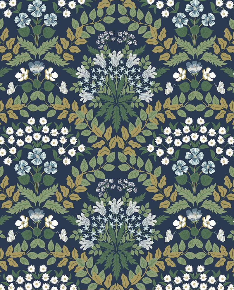 Tapestry Bloom wallpaper by Eijffinger, symmetrical floral bouquets in green, gold and white on a deep navy ground, flat swatch.