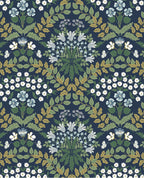 Tapestry Bloom wallpaper by Eijffinger, symmetrical floral bouquets in green, gold and white on a deep navy ground, flat swatch.