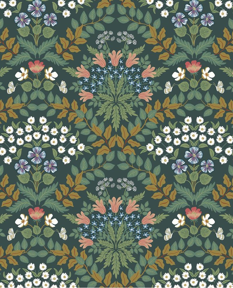 Tapestry Bloom wallpaper by Eijffinger, mirrored floral motifs in green, gold and coral on a deep forest green ground, flat swatch.
