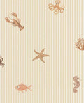 Little Rockpool wallpaper by Eijffinger, sea creatures including octopus, lobster and starfish on cream pinstripe, flat swatch