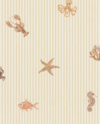 Little Rockpool wallpaper by Eijffinger, sea creatures including octopus, lobster and starfish on cream pinstripe, flat swatch