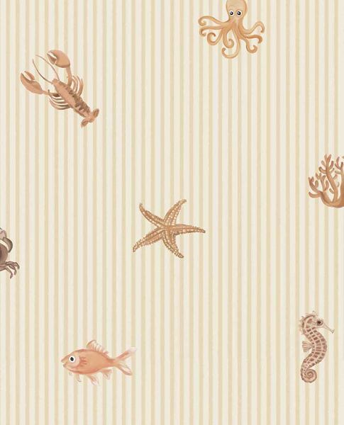 Little Rockpool wallpaper by Eijffinger, sea creatures including octopus, lobster and starfish on cream pinstripe, flat swatch