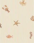 Little Rockpool wallpaper by Eijffinger, sea creatures including octopus, lobster and starfish on cream pinstripe, flat swatch