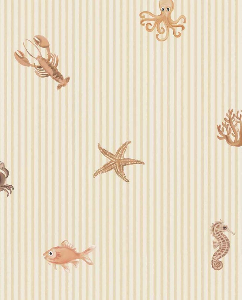 Little Rockpool wallpaper by Eijffinger, sea creatures including octopus, lobster and starfish on cream pinstripe, flat swatch