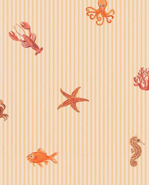 Little Rockpool wallpaper by Eijffinger, octopus, lobster, fish and seahorse motifs on peach and orange pinstripe