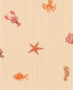 Little Rockpool wallpaper by Eijffinger, octopus, lobster, fish and seahorse motifs on peach and orange pinstripe