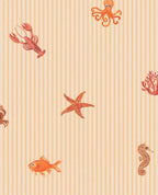 Little Rockpool wallpaper by Eijffinger, octopus, lobster, fish and seahorse motifs on peach and orange pinstripe