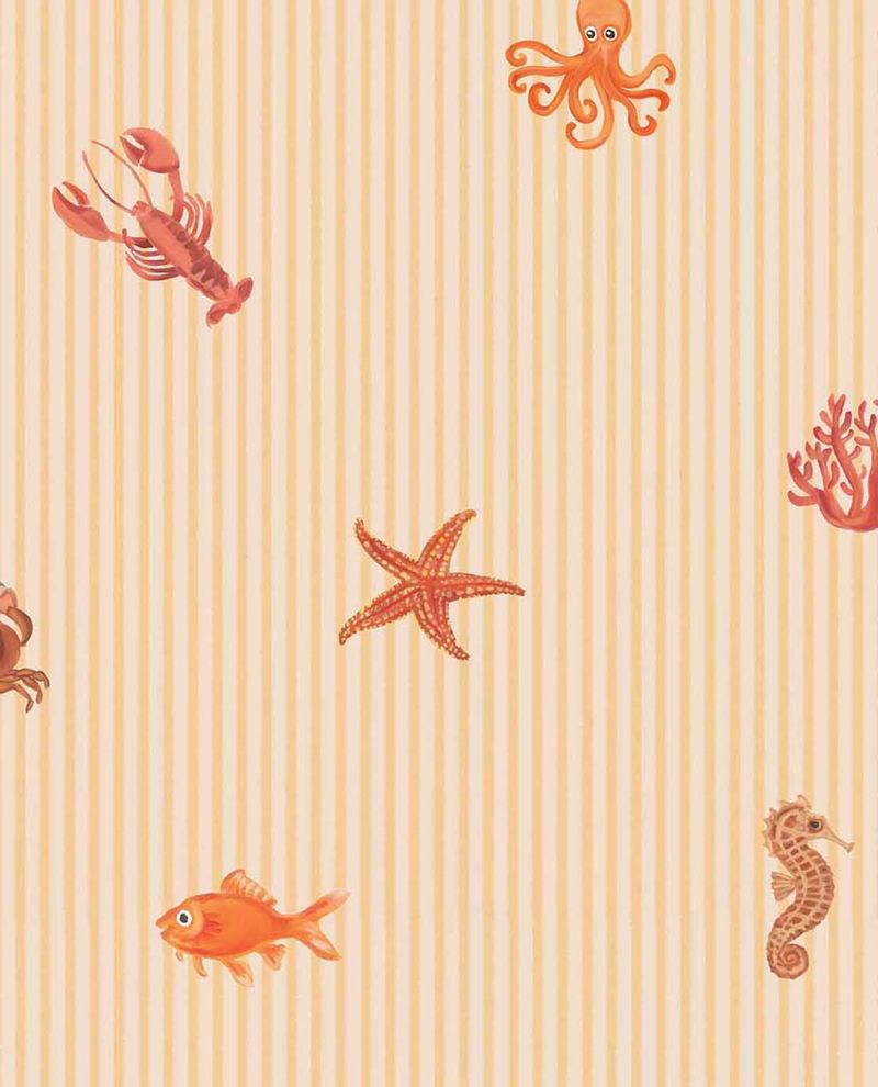 Little Rockpool wallpaper by Eijffinger, octopus, lobster, fish and seahorse motifs on peach and orange pinstripe