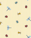 Dragonfly Dance wallpaper by Eijffinger, bees, dragonflies, ladybirds and beetles on yellow pinstripe, flat swatch