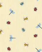 Dragonfly Dance wallpaper by Eijffinger, bees, dragonflies, ladybirds and beetles on yellow pinstripe, flat swatch