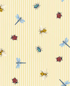 Dragonfly Dance wallpaper by Eijffinger, bees, dragonflies, ladybirds and beetles on yellow pinstripe, flat swatch