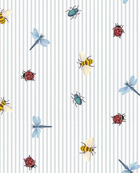 Dragonfly Dance wallpaper by Eijffinger, colourful insect motifs scattered on pale blue and white pinstripe