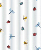 Dragonfly Dance wallpaper by Eijffinger, colourful insect motifs scattered on pale blue and white pinstripe