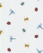 Dragonfly Dance wallpaper by Eijffinger, colourful insect motifs scattered on pale blue and white pinstripe