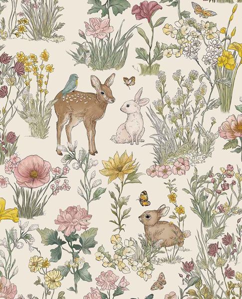 Whispering Meadow wallpaper by Eijffinger – woodland deer and wildflower meadow design